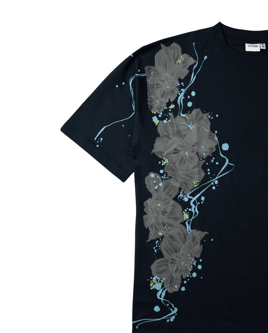 Close-up of white linework print detail on navy 240 GSM cotton t-shirt fabric - VYVHR