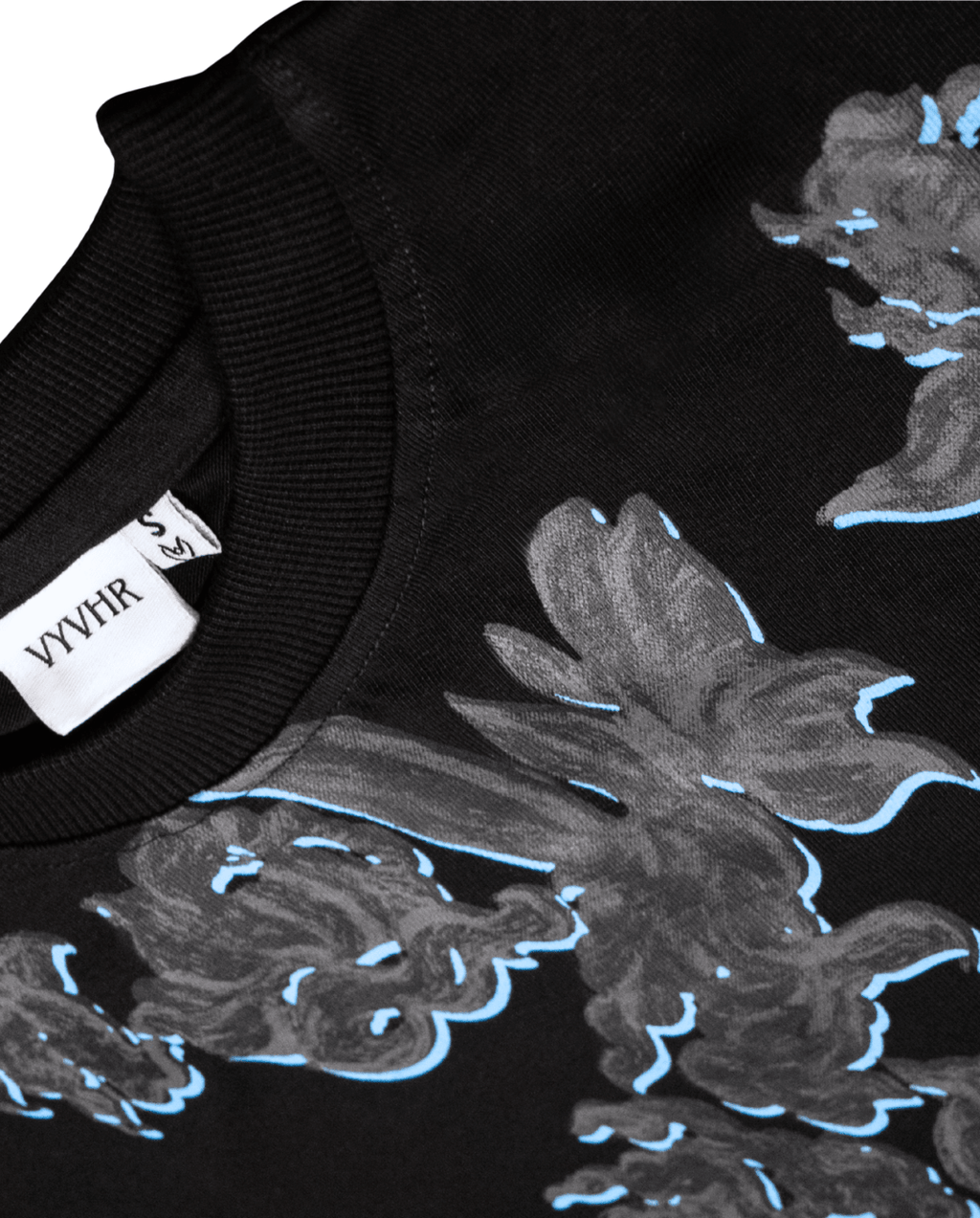 Black oversized t-shirt with blue bloom print laid flat, front and back visible - VYVHR