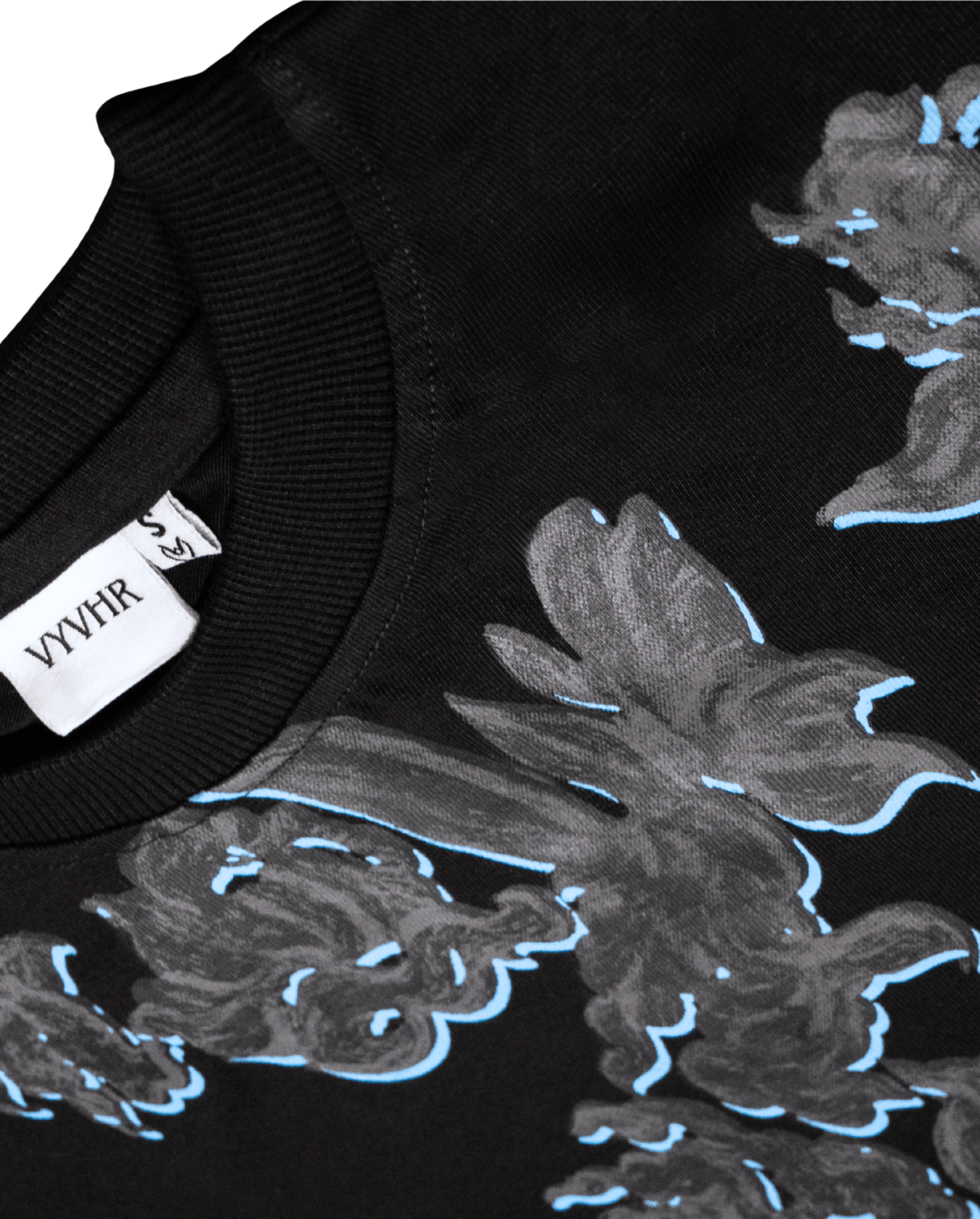 Black oversized t-shirt with blue bloom print laid flat, front and back visible - VYVHR