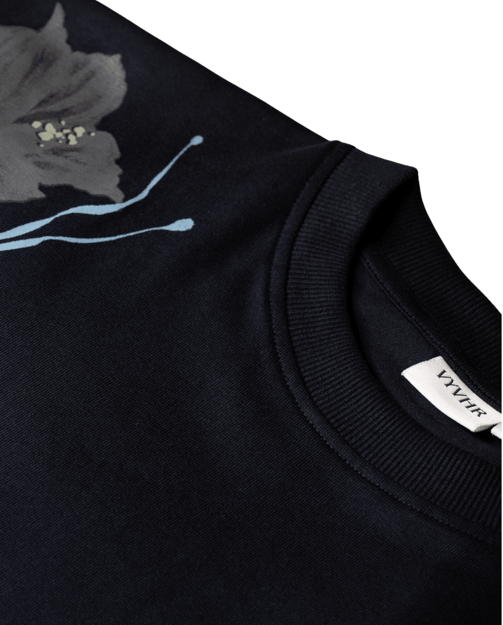 Round neck label detail on navy oversized cotton t-shirt by VYVHR