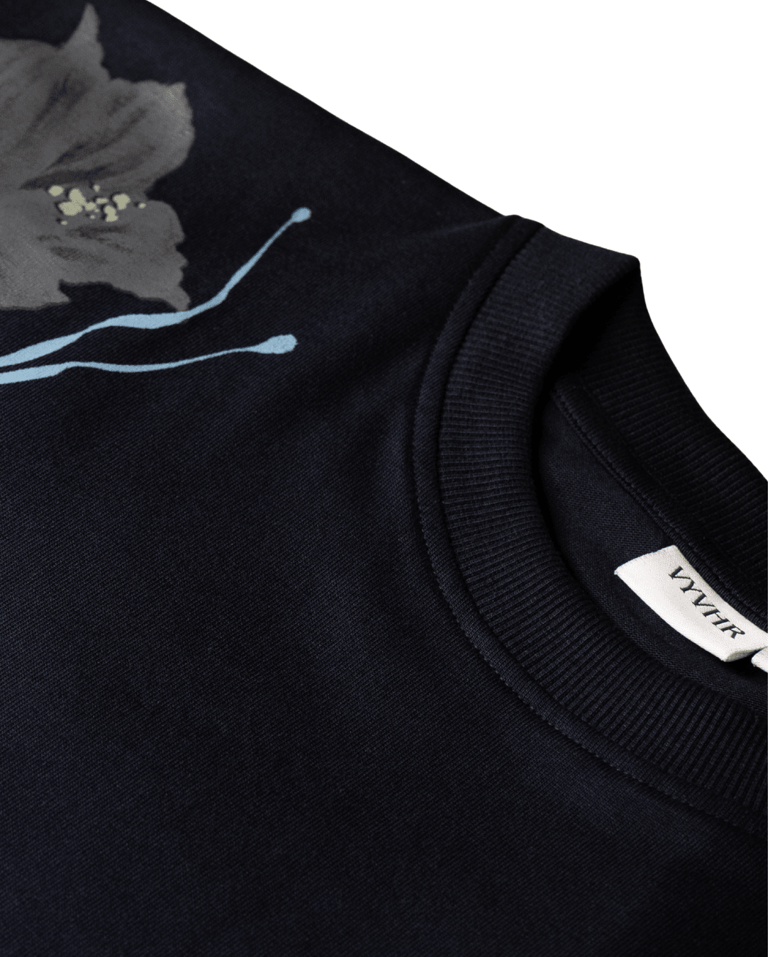 Round neck label detail on navy oversized cotton t-shirt by VYVHR