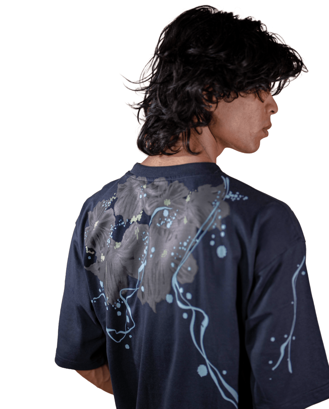 Back view of navy oversized cotton t-shirt showing continuous linework print design - VYVHR